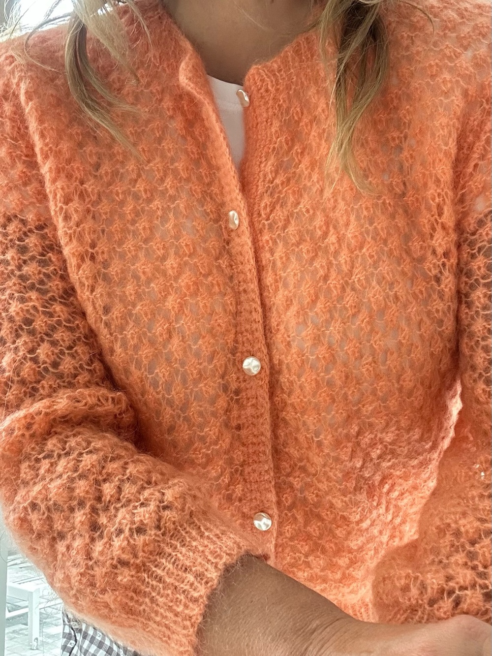 Textured Orange Pearl-Button Knit Cardigan - Picture 3 of 7